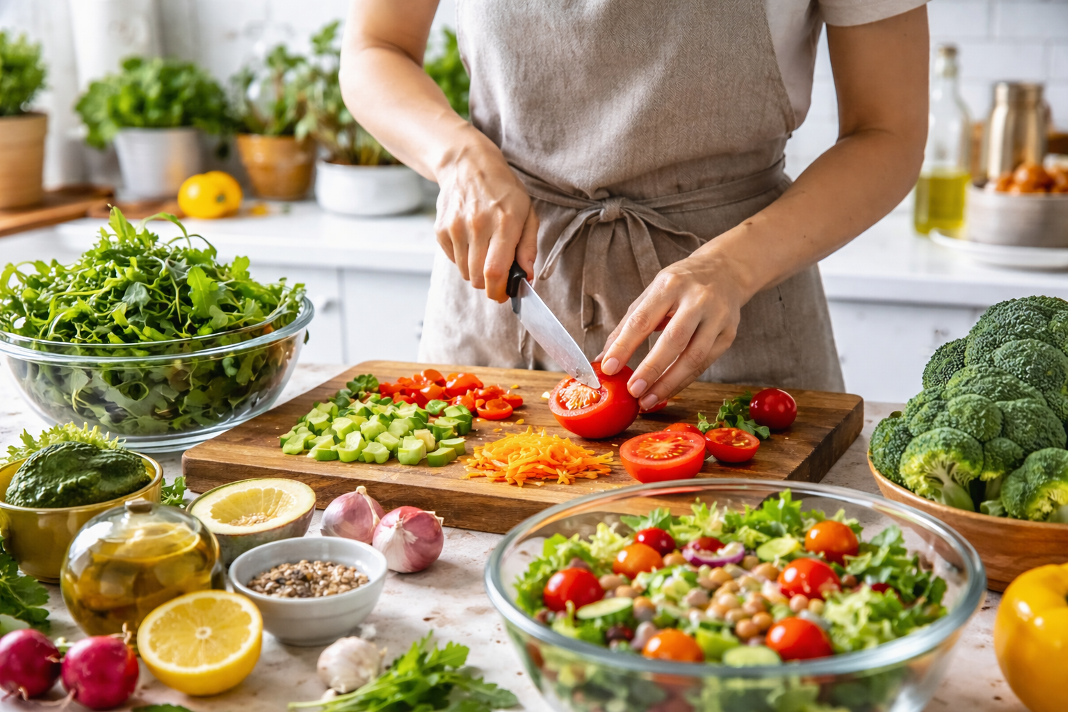 Eine Person bereitet eine gesunde Mahlzeit mit frischem Gemüse vor