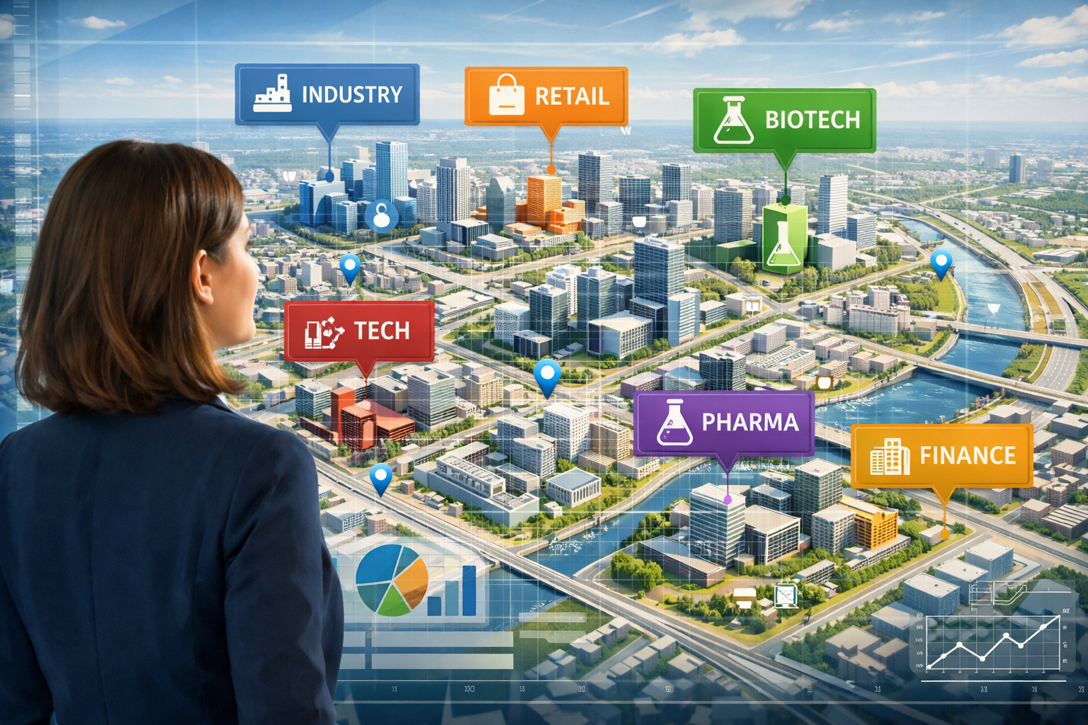 Eine Person blickt optimistisch auf einen modernen Stadtplan mit verschiedenen Firmenstandorten