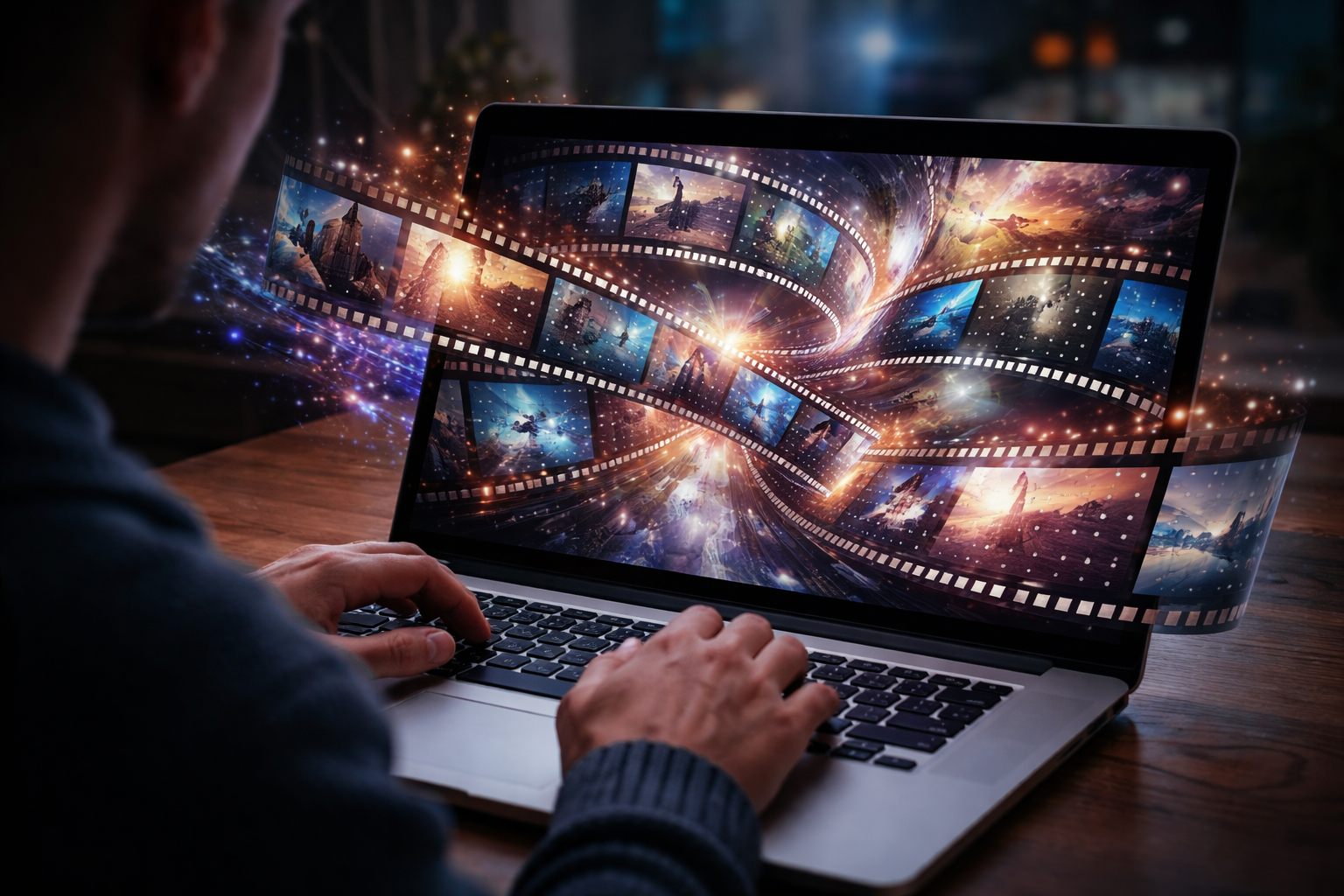 A person at a laptop, while a complex, AI-generated filmstrip emerges on the screen