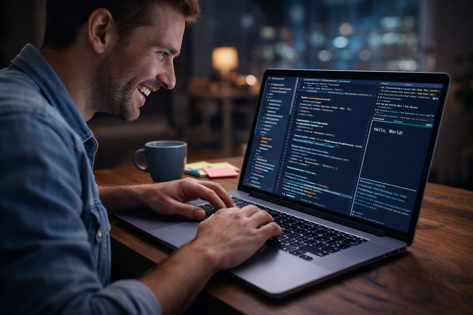 Quereinsteiger arbeitet motiviert am Laptop an seinem ersten Programmierprojekt