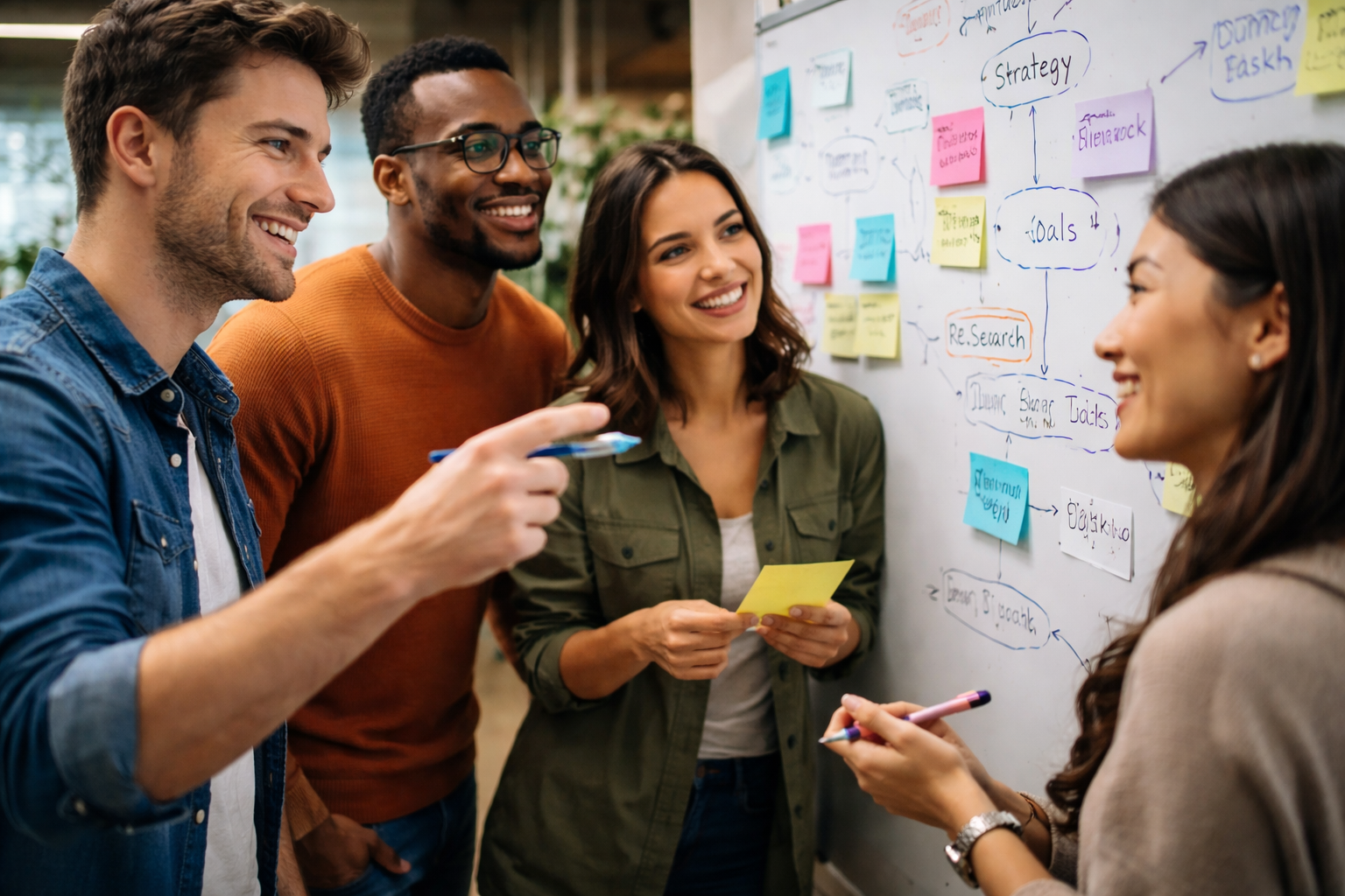 Ein Team arbeitet kollaborativ an einem Whiteboard und zeigt starke Kommunikations- und Empathie-Skills