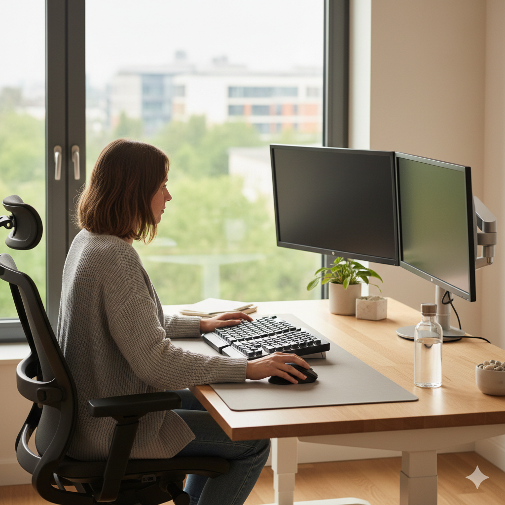 Eine Person arbeitet konzentriert an einem aufgeräumten Schreibtisch zu Hause, mit Fokus auf Ergonomie und Tageslicht