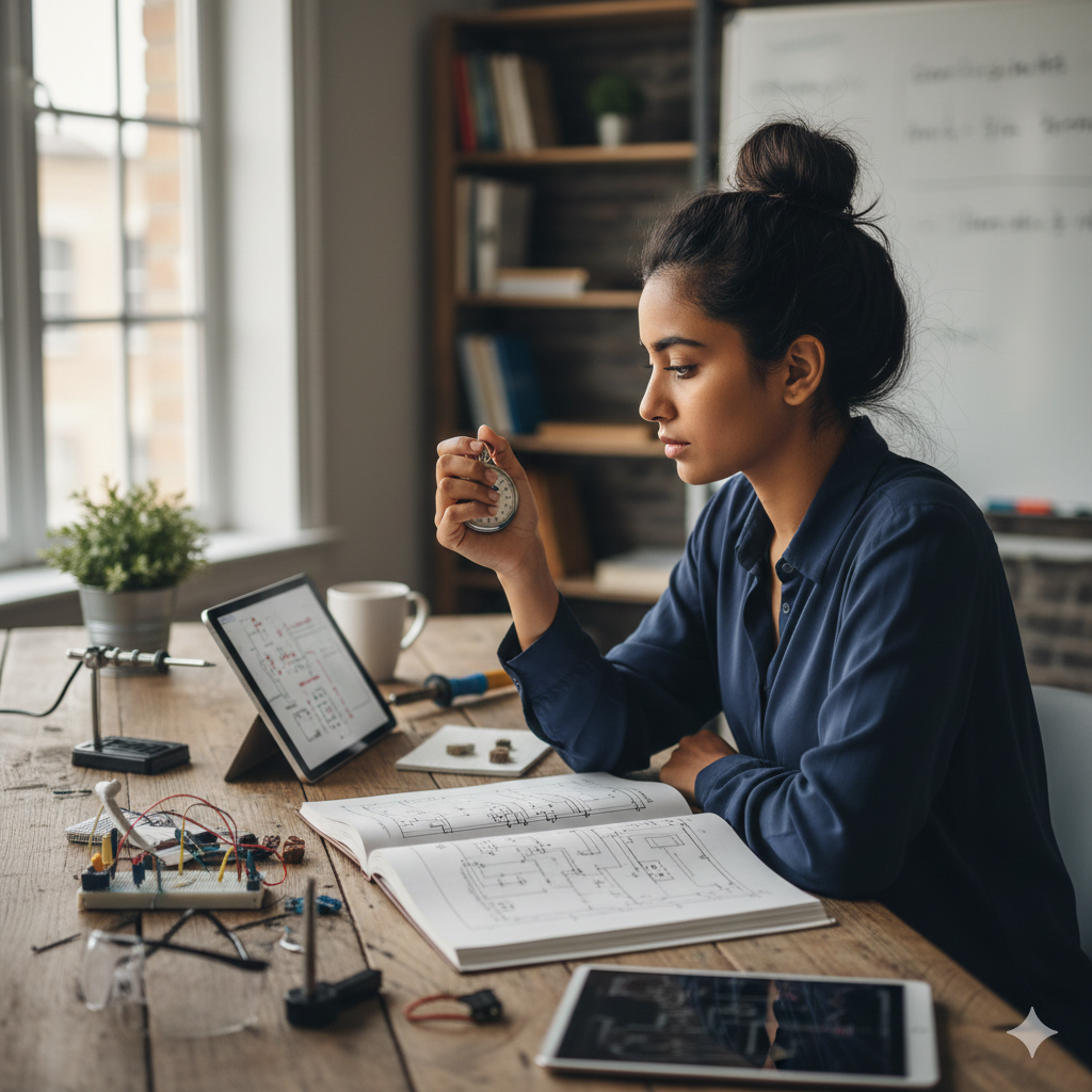 Eine Person hält eine Stoppuhr und lernt konzentriert eine neue Fähigkeit
