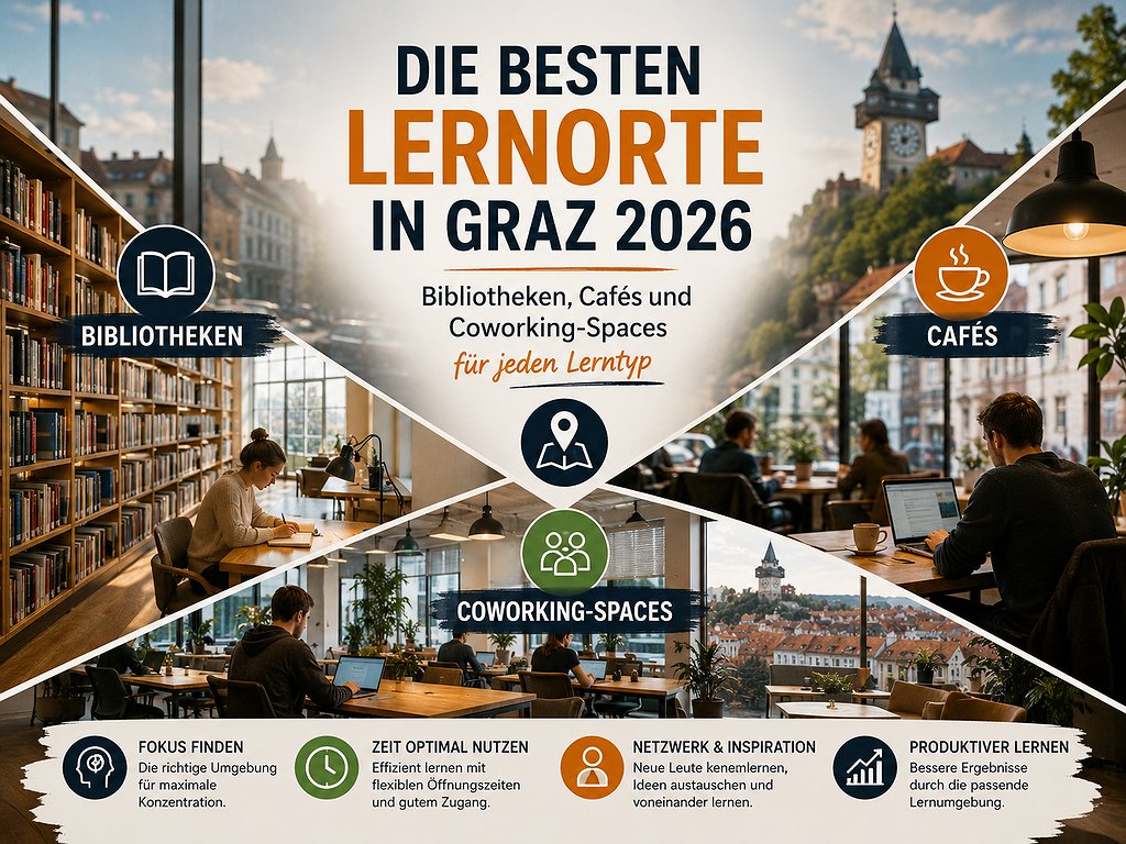 Die besten Lernorte in Graz 2026: Bibliotheken, Cafés und Coworking-Spaces für jeden Lerntyp