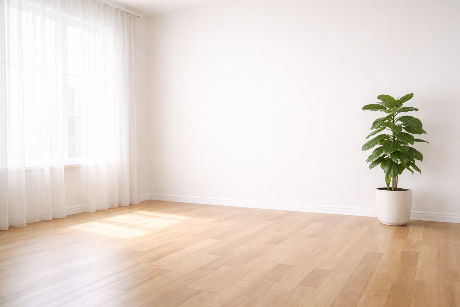 Ein heller, fast leerer Raum mit einer Pflanze und viel Licht – Symbol für Minimalismus