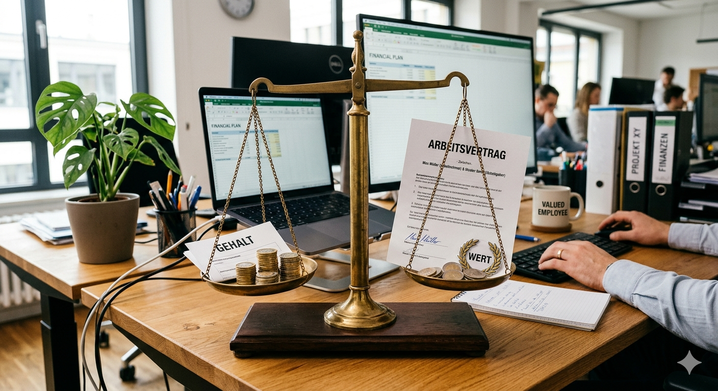 Eine Waage, die Gehalt und Wert symbolisiert, mit Münzen und einem Vertrag, umgeben von Büroelementen.