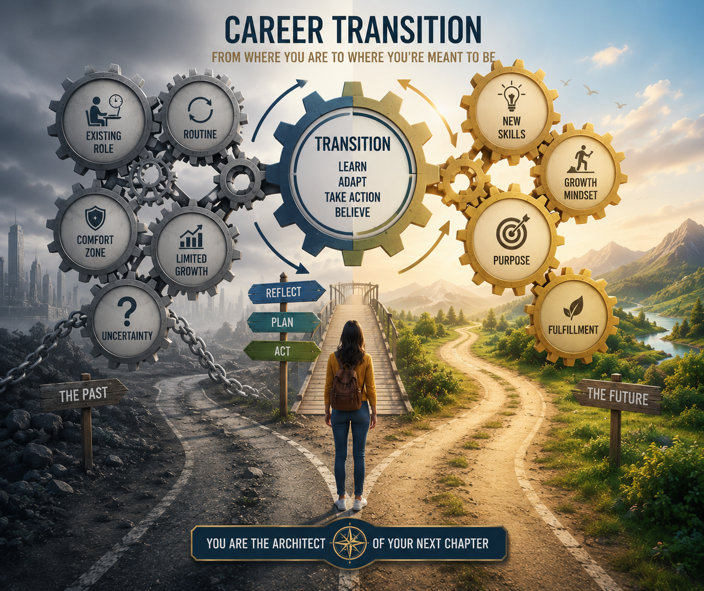 Symbolic representation of career transition with gears and pathways.