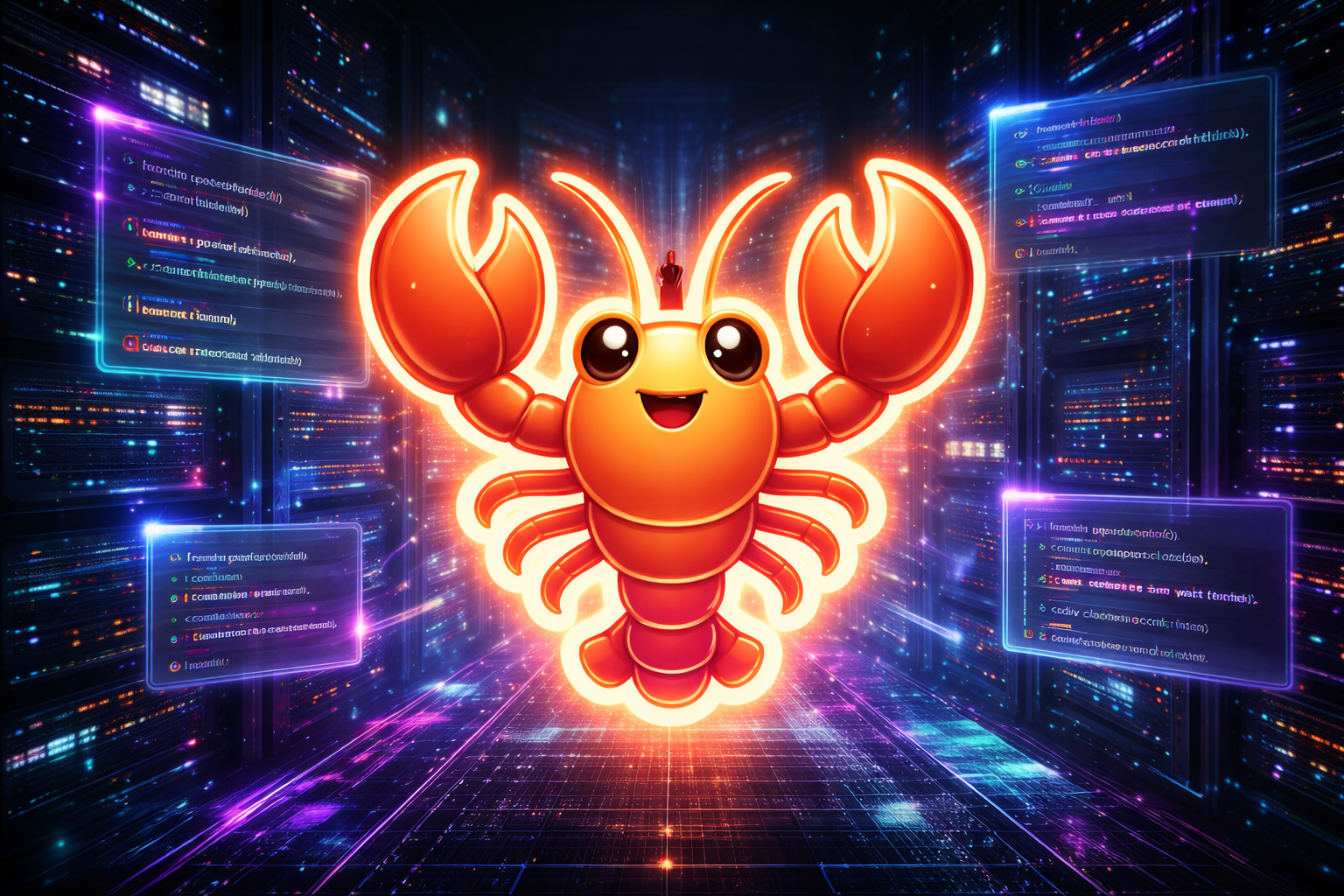 A lobster emoji (symbol of Moltbook) glows against a dark server background, surrounded by code fragments