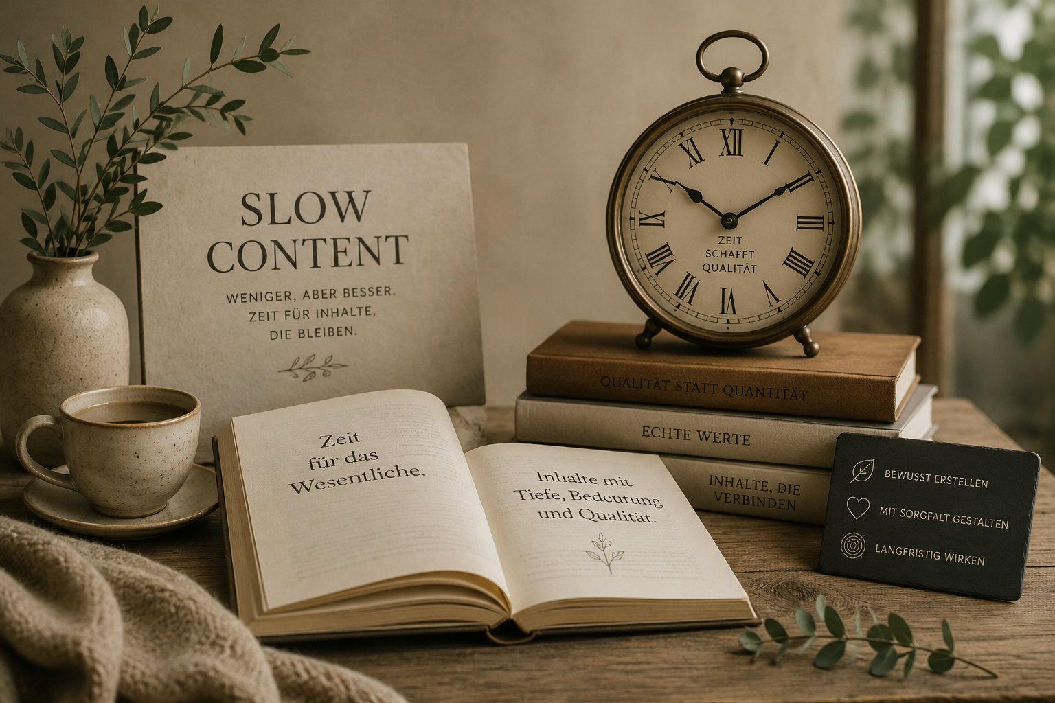 Symbolische Darstellung von Slow Content mit Büchern und einer Uhr, die Zeit und Qualität symbolisieren.