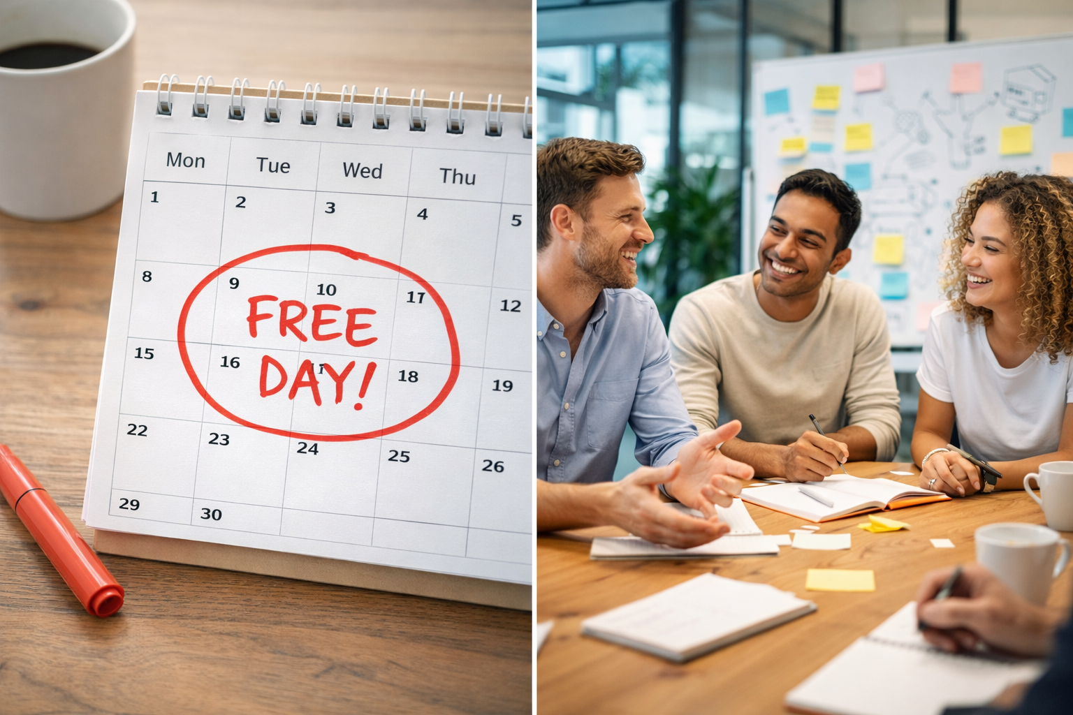 Ein Kalender mit einem markierten freien Freitag und ein entspanntes Team beim Brainstorming