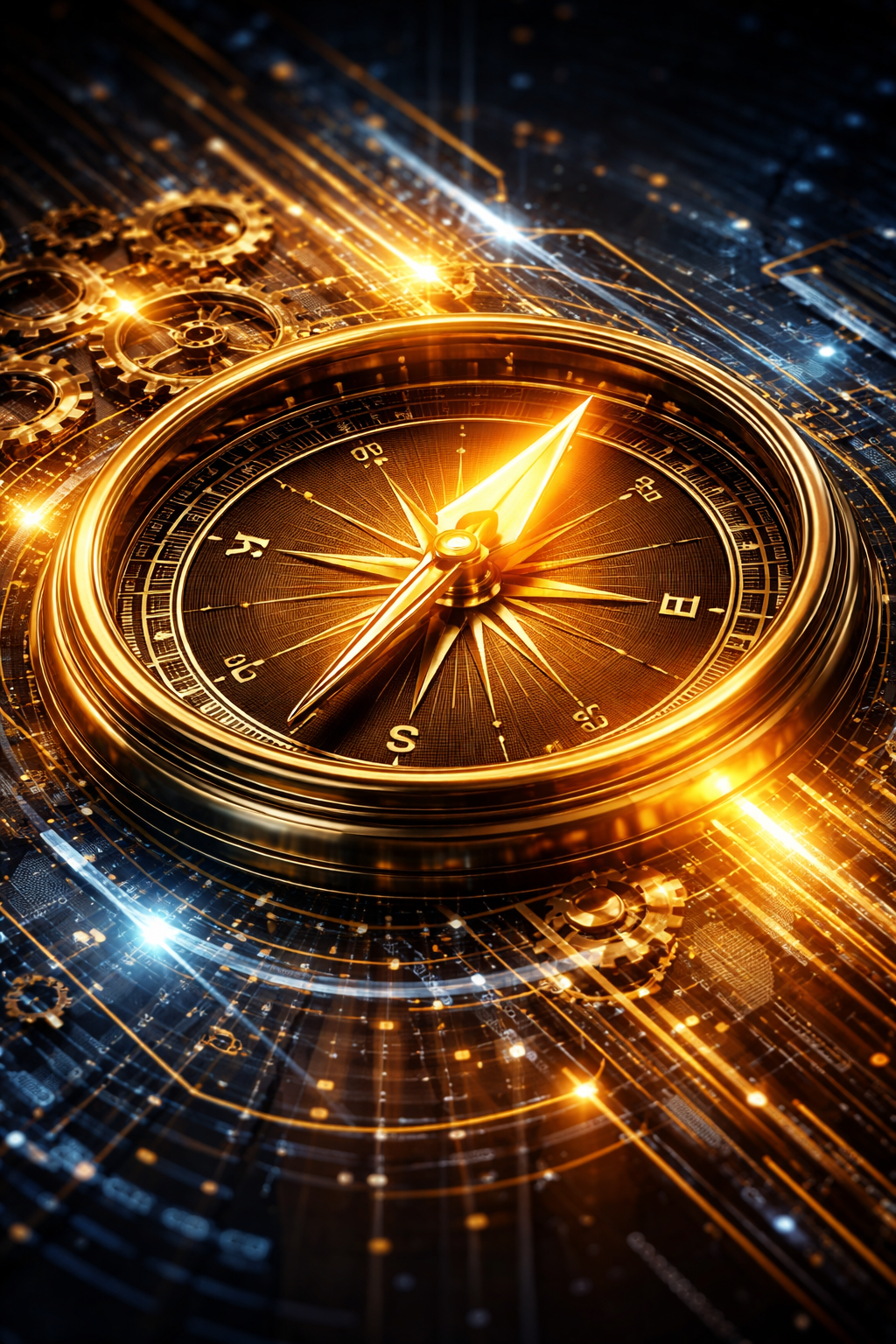 Ein goldener Kompass zeigt auf eine leuchtende Pfeilspitze, umgeben von Zahnrädern und digitalen Datenströmen auf einer glänzenden Oberfläche.