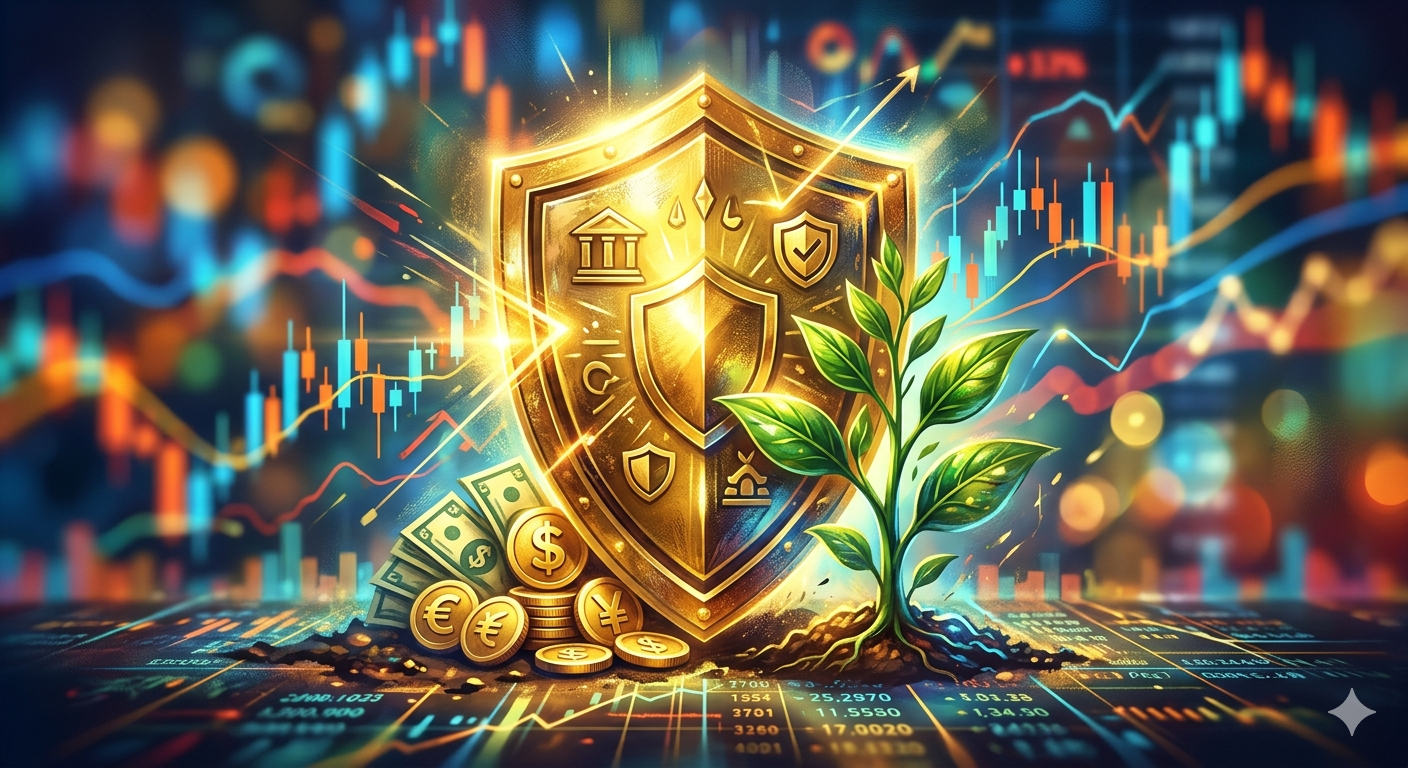 Abstrakte Darstellung eines goldenen Schildes, der Münzen und eine wachsende Pflanze vor unscharfen Preischarts schützt.