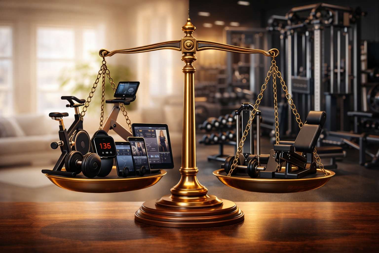 Eine Waage mit smarten Home-Fitness-Geräten auf der einen und modernen Fitnessstudio-Geräten auf der anderen Seite, symbolisiert die Wahl zwischen Home Workout und Fitnessstudio.