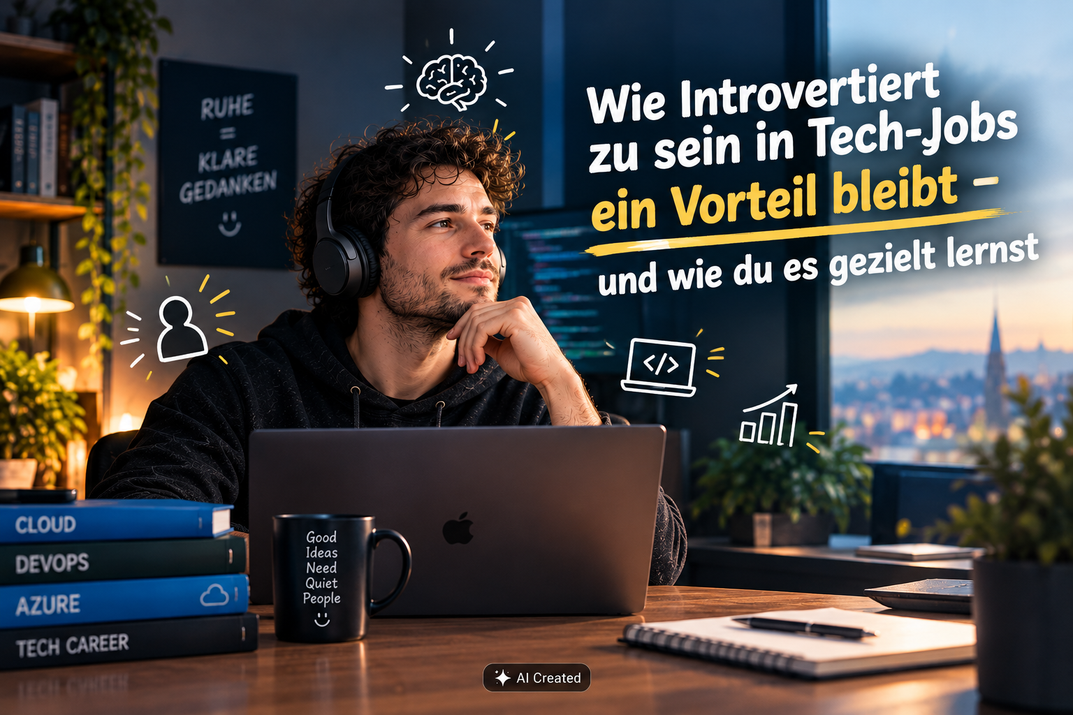 Schreibtisch mit Puzzleteilen, Kompass und Laptop mit Code bei warmer Beleuchtung