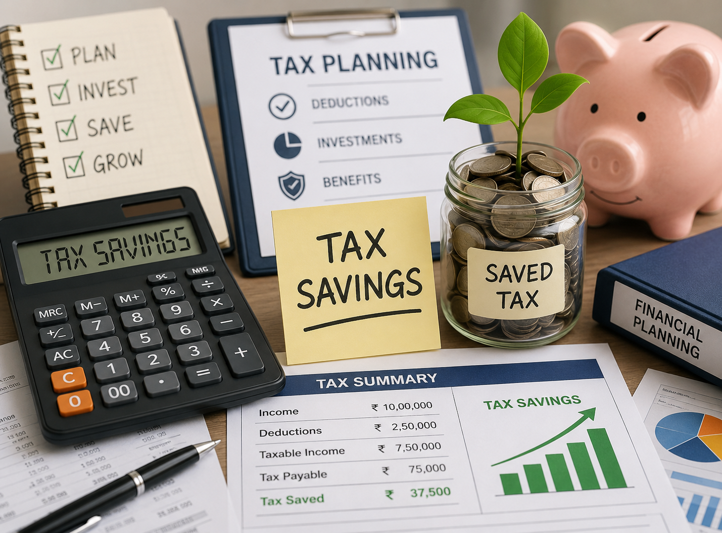 Symbolic representation of tax savings with calculators and financial documents.