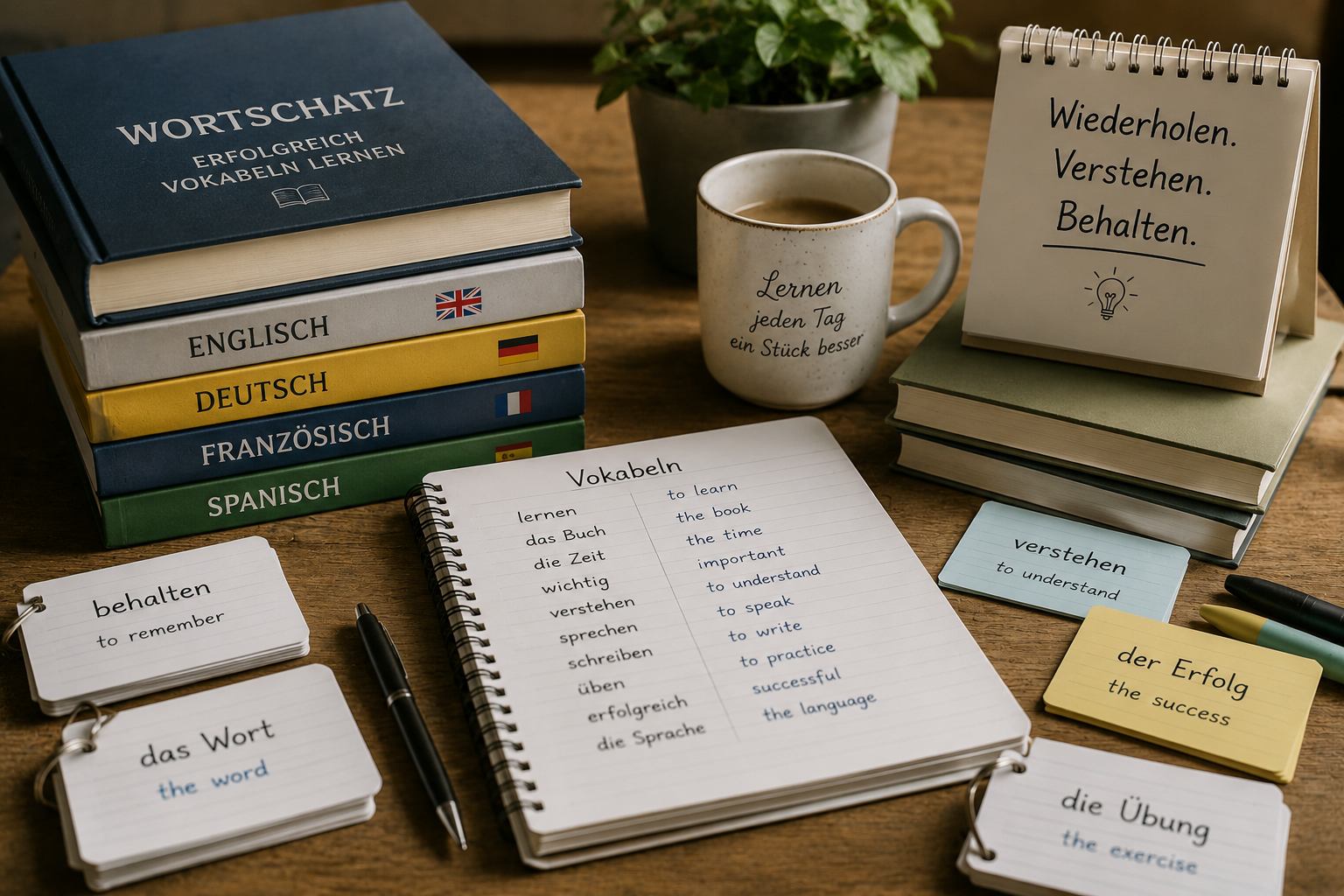 Bücher und Lernmaterialien, die das Lernen von Vokabeln symbolisieren.