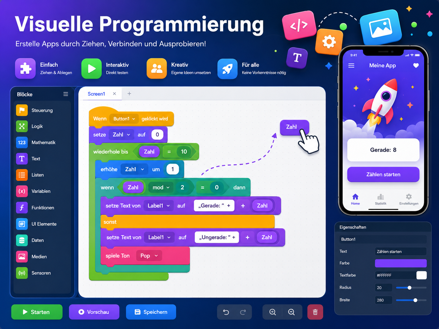 Visual programming with colorful icons and interactive elements for app development.