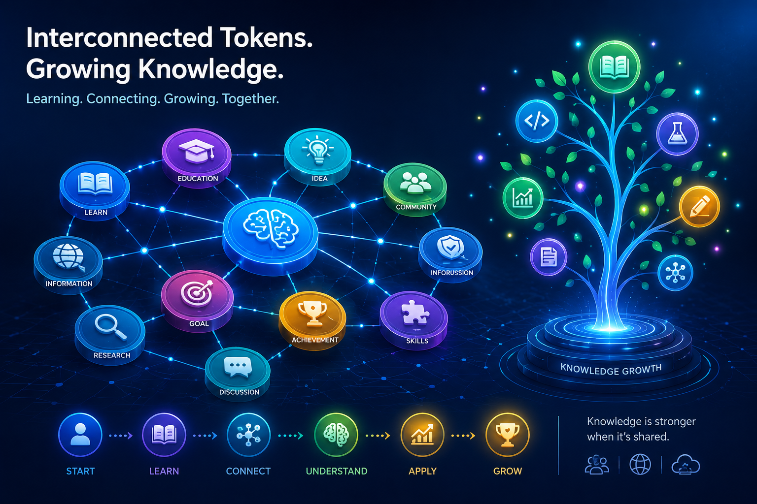 Symbolic representation of interconnected tokens and knowledge growth in the digital learning era.