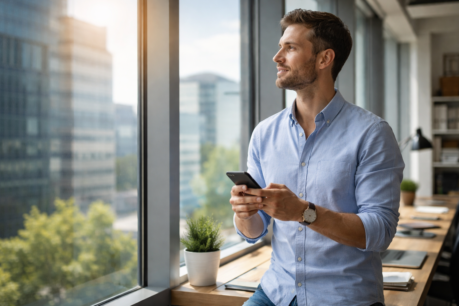 Eine Person schaltet ihr Smartphone aus und blickt entspannt aus dem Fenster eines modernen Büros