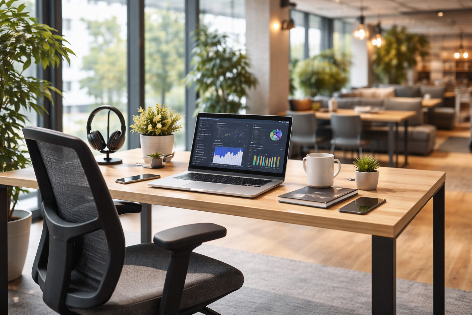 Ein moderner Arbeitsplatz in einem hellen Co-Working-Space mit Laptop und ergonomischem Stuhl