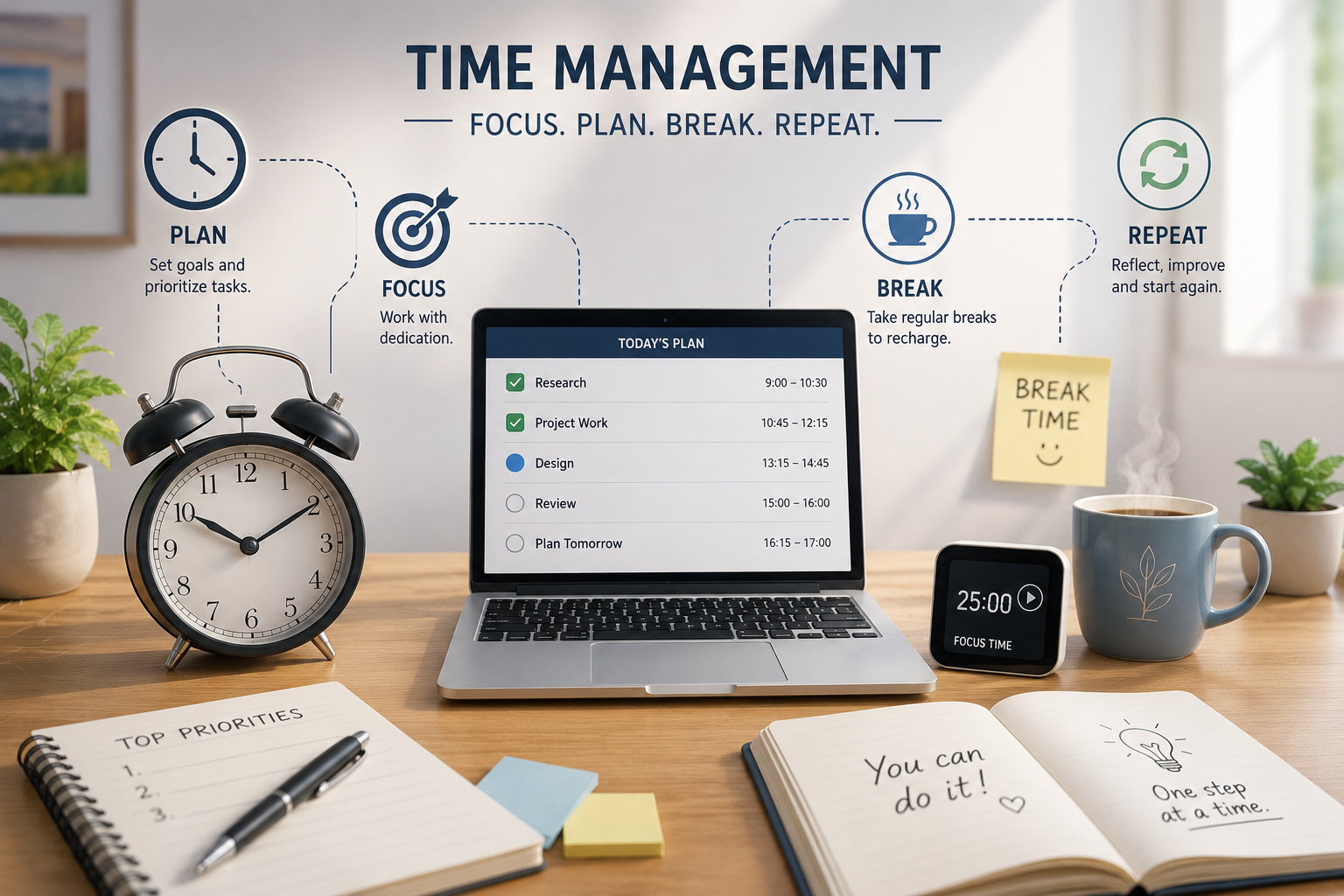 Symbolic representation of time management and breaks with clocks and a laptop on a desk.