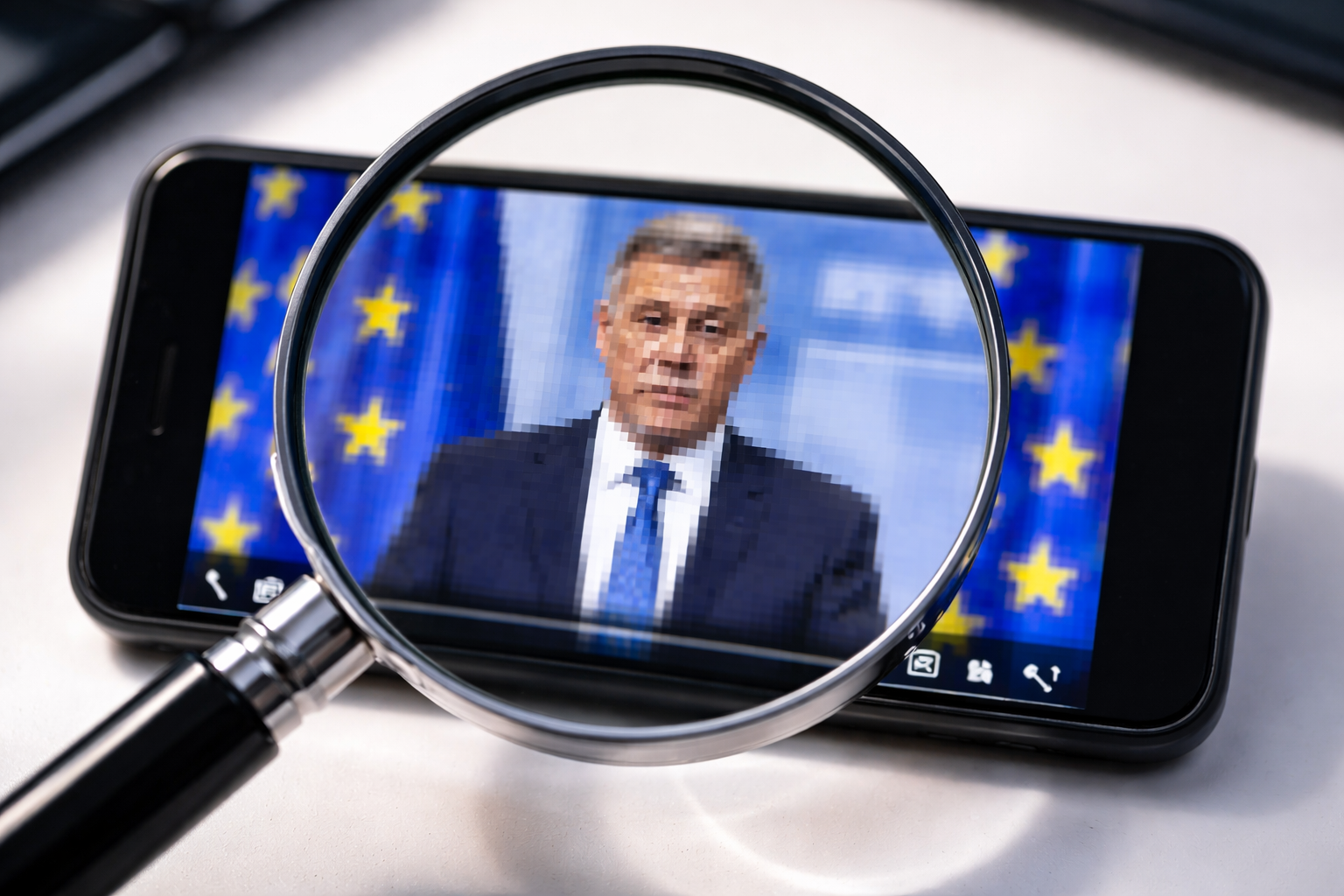 Eine Lupe über einem Smartphone-Bildschirm, auf dem ein Politiker-Video pixelige Ränder aufweist