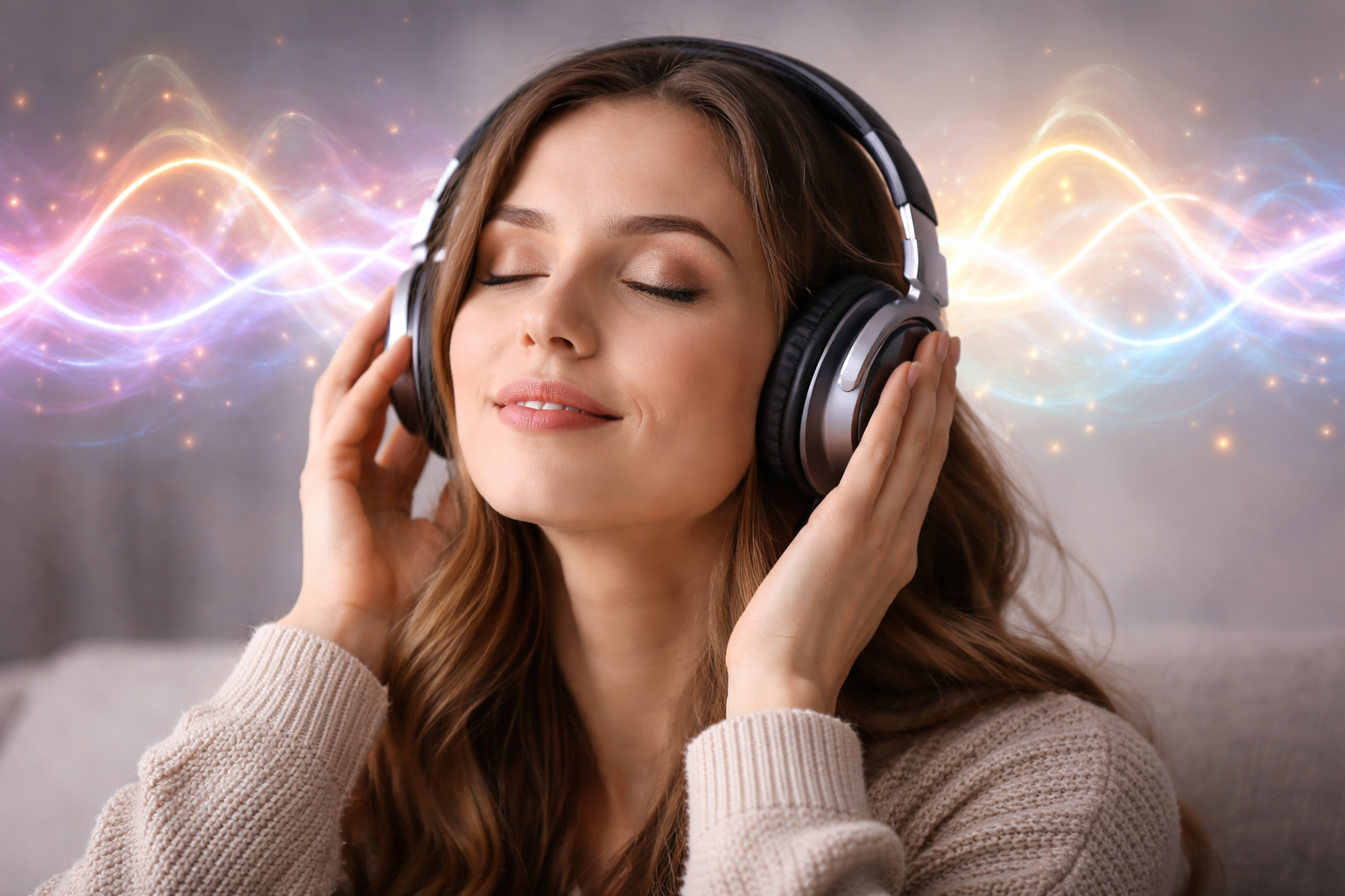 Eine Person mit hochwertigen Kopfhörern und geschlossenen Augen, im Hintergrund visualisierte Gehirnwellen in sanften Farben