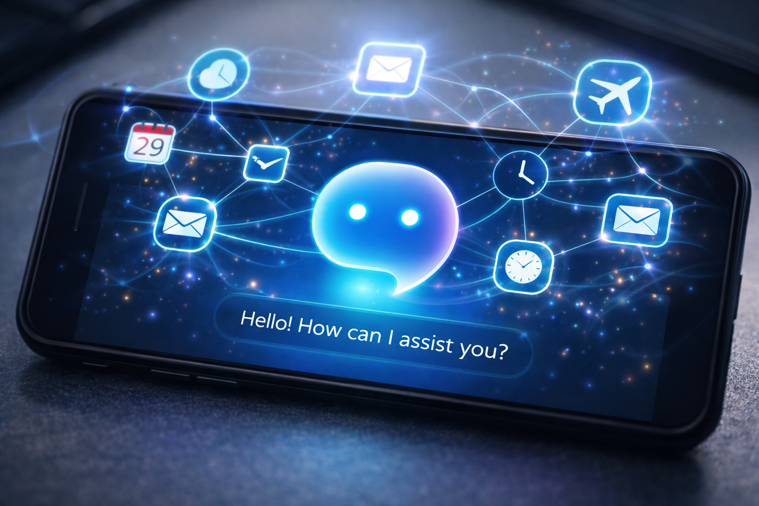 A digital assistant on a smartphone display, linking various app icons like calendars, airplanes, and emails in the background