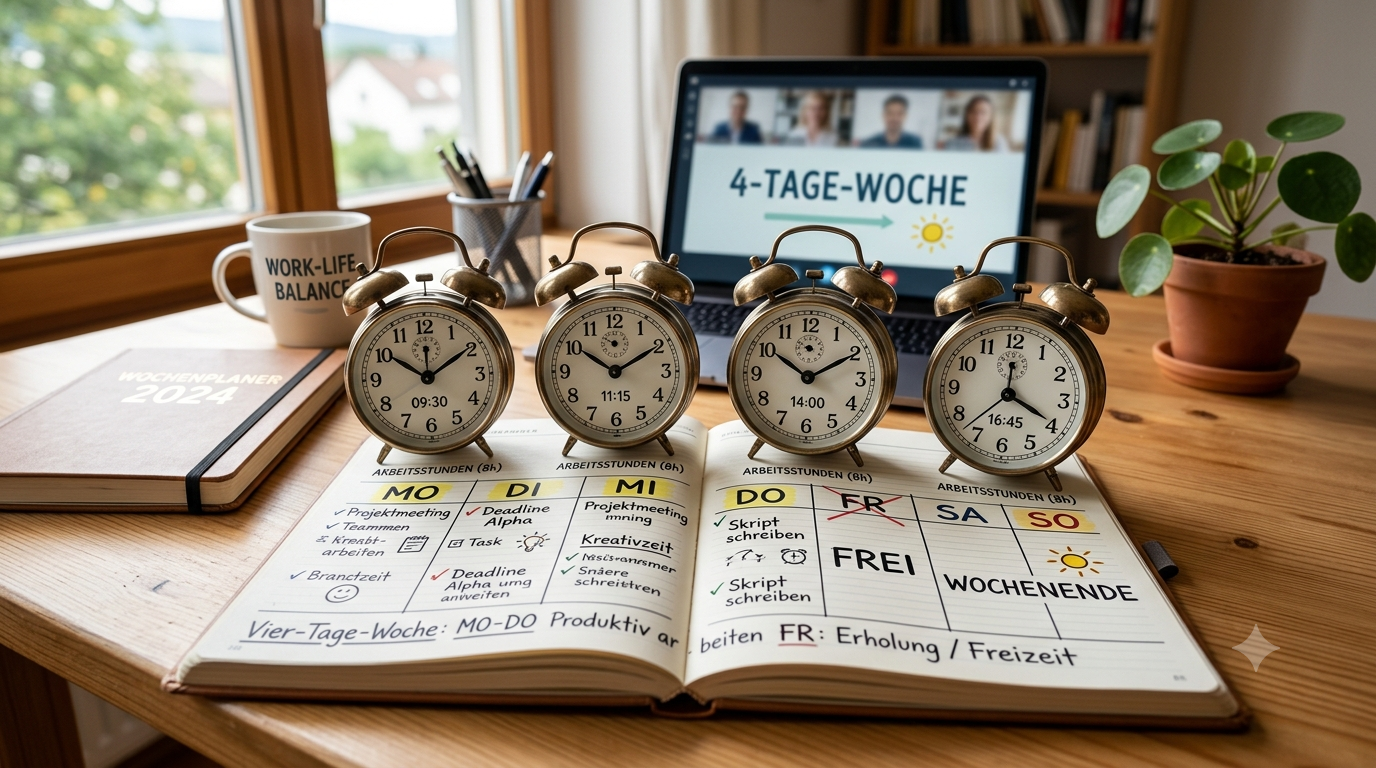 Symbolische Darstellung einer Vier-Tage-Woche mit Uhren und Kalendern.