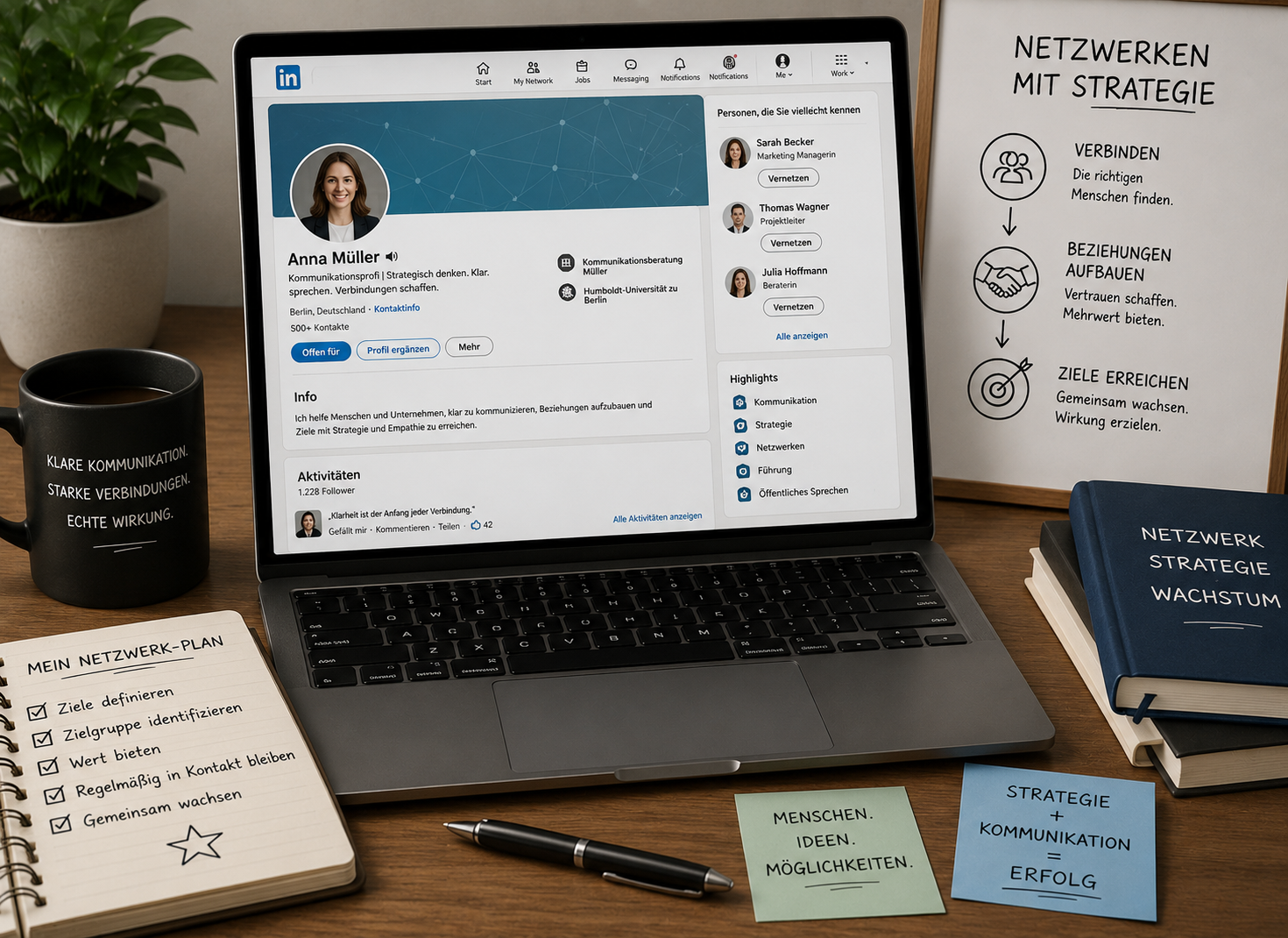 Laptop mit einem LinkedIn-Profil und Symbolen für Networking und Strategie.