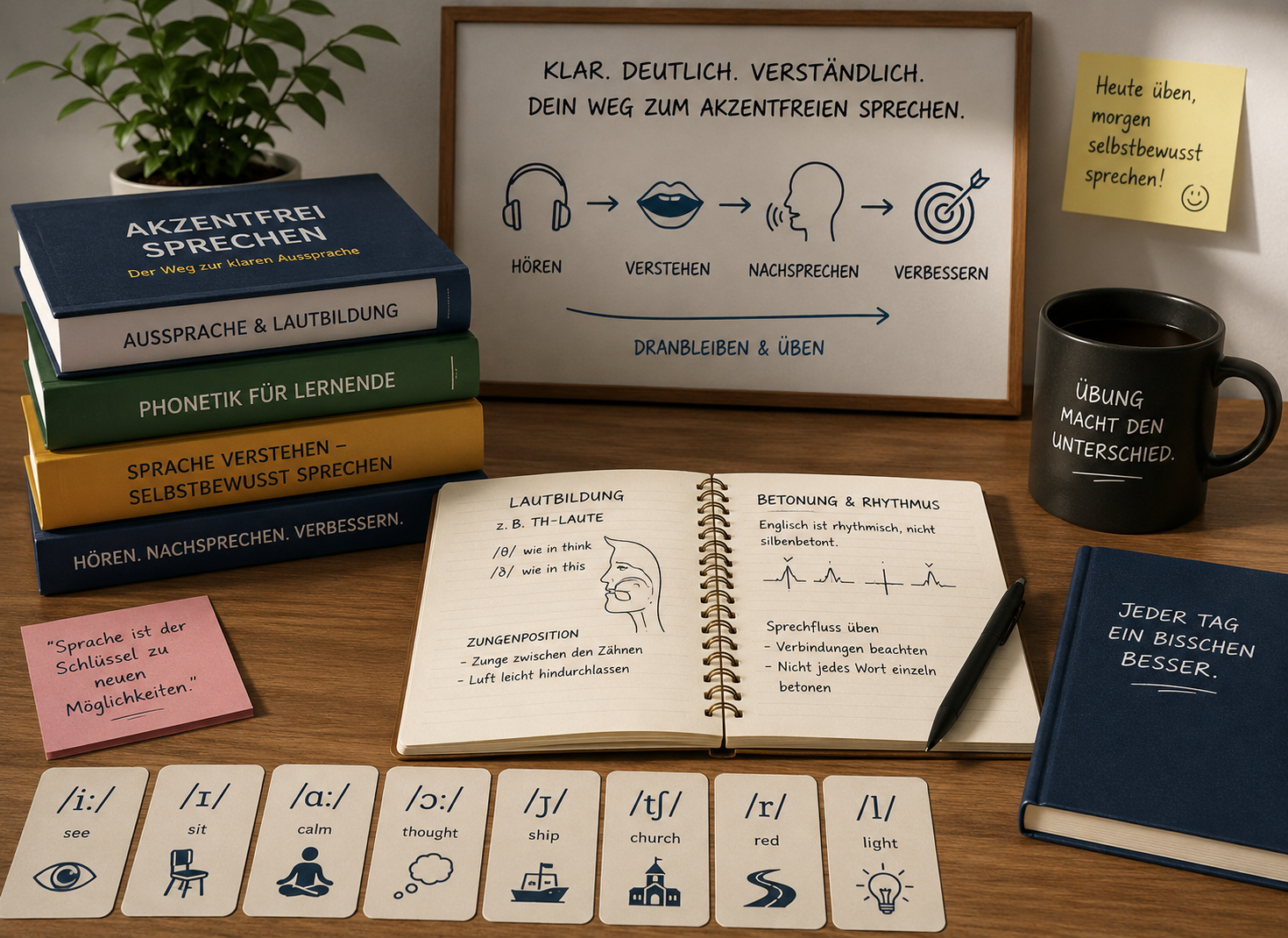 Bücher und Sprachsymbole auf einem Schreibtisch, die den Lernprozess für akzentfreies Sprechen darstellen.