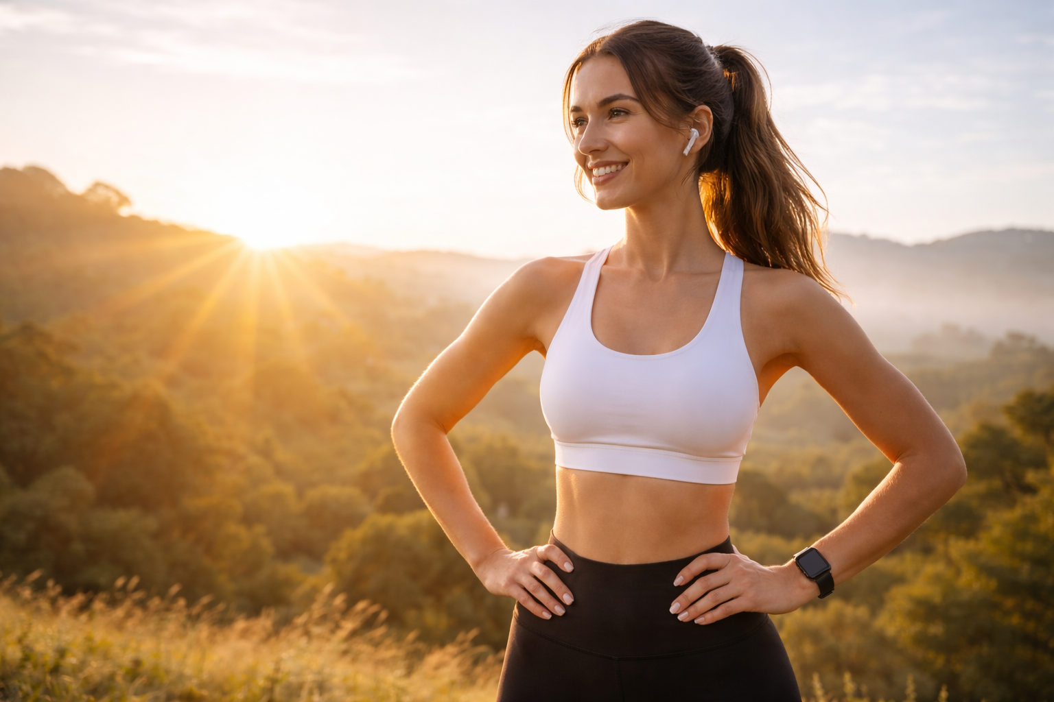 Eine sportliche Person genießt die Morgensonne im Freien, symbolisiert Energie und Vitalität