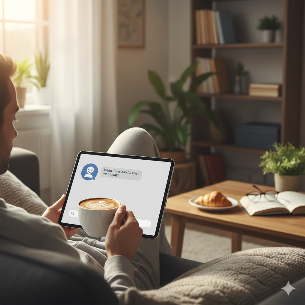 Eine Person nutzt ChatGPT am Tablet, während sie entspannt einen Kaffee trinkt