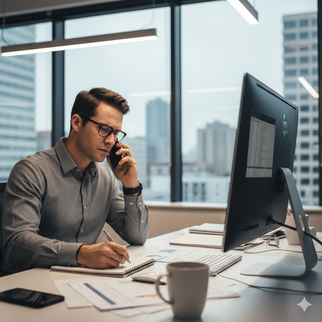 A person in an office concentrating on a phone call and taking notes on a pad