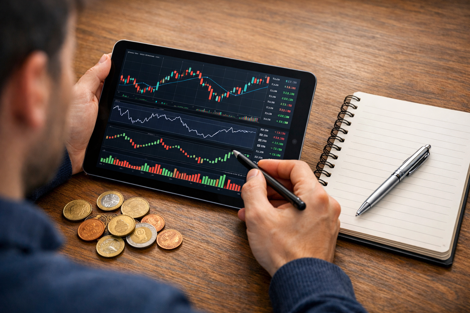 Eine Person betrachtet Finanz-Charts auf einem Tablet, daneben liegen Euro-Münzen und ein Notizbuch