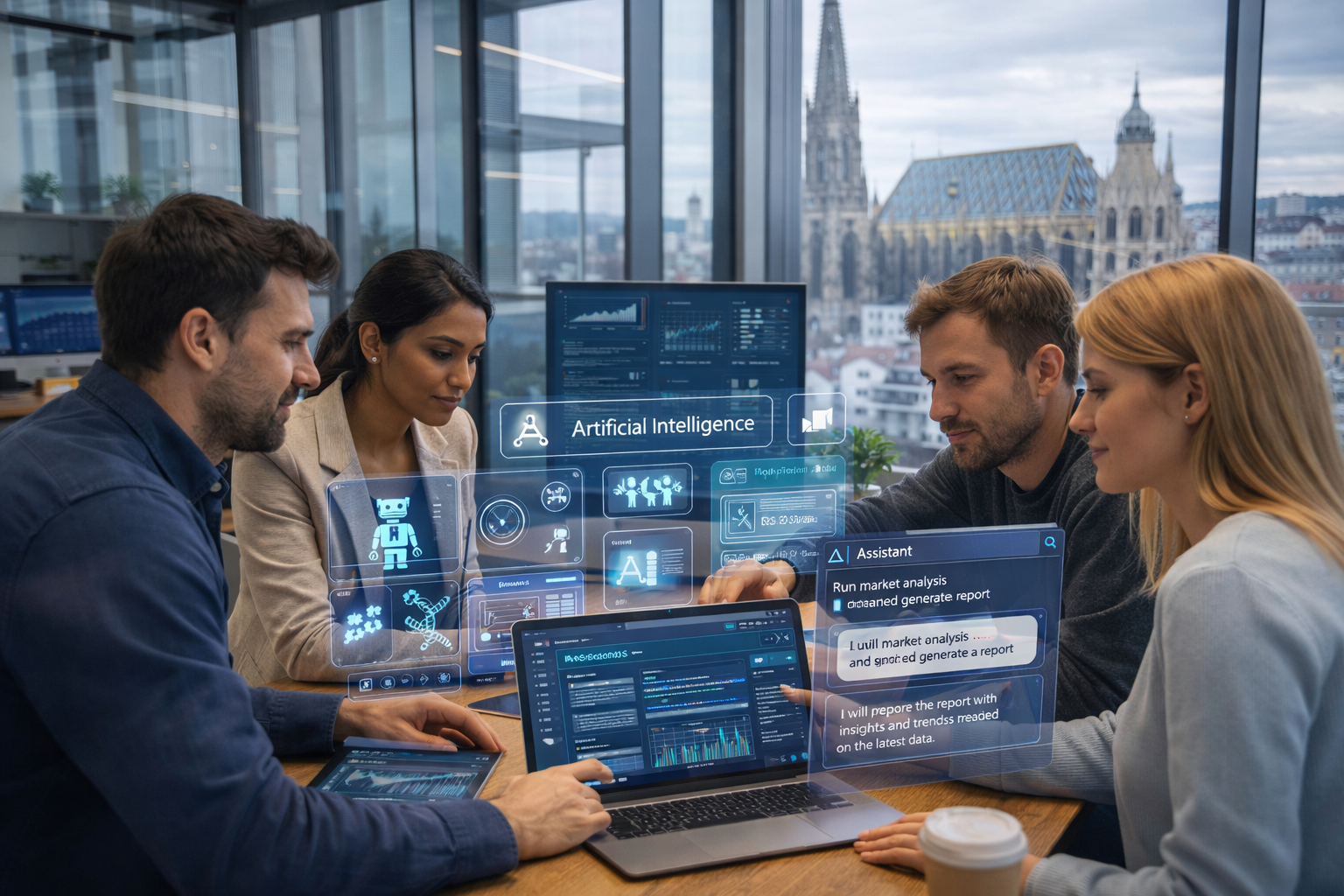 Ein Team in einem modernen Büro in Wien arbeitet gemeinsam mit KI-Tools an einem Projekt