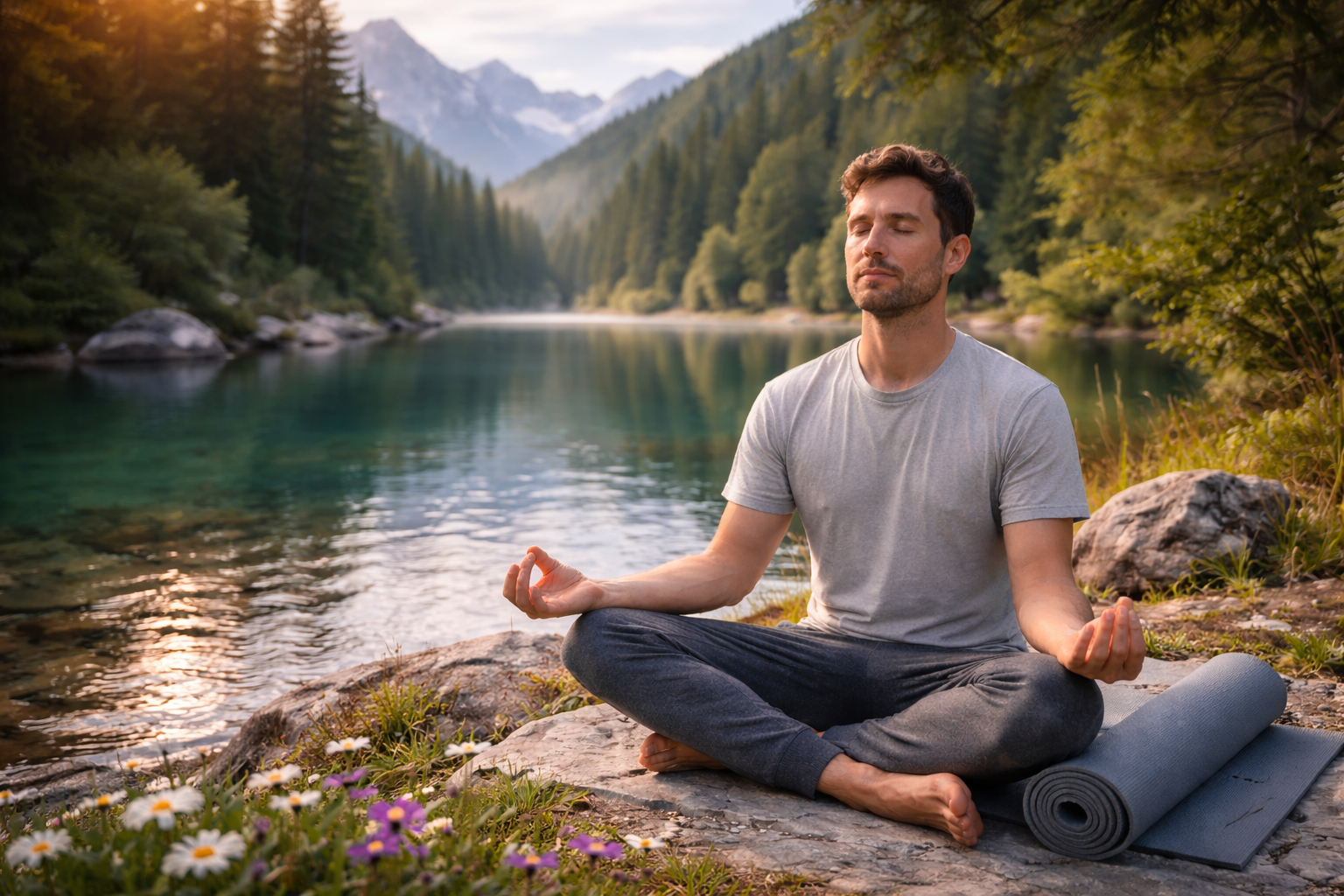 Eine Person praktiziert eine Entspannungstechnik in einer friedlichen Naturkulisse