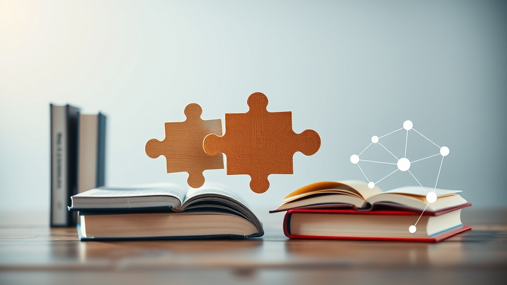 Symbolic representation of puzzle pieces and books symbolizing collaboration and learning.