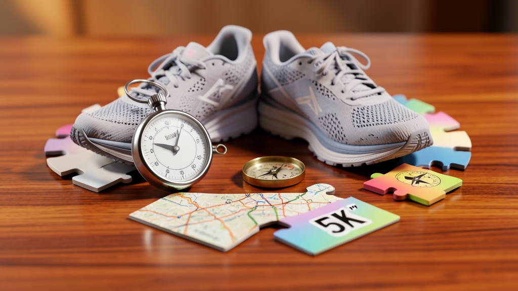 Stilisierte Laufschuhe, Stoppuhr und eine 5K-Karte auf einem Holztisch