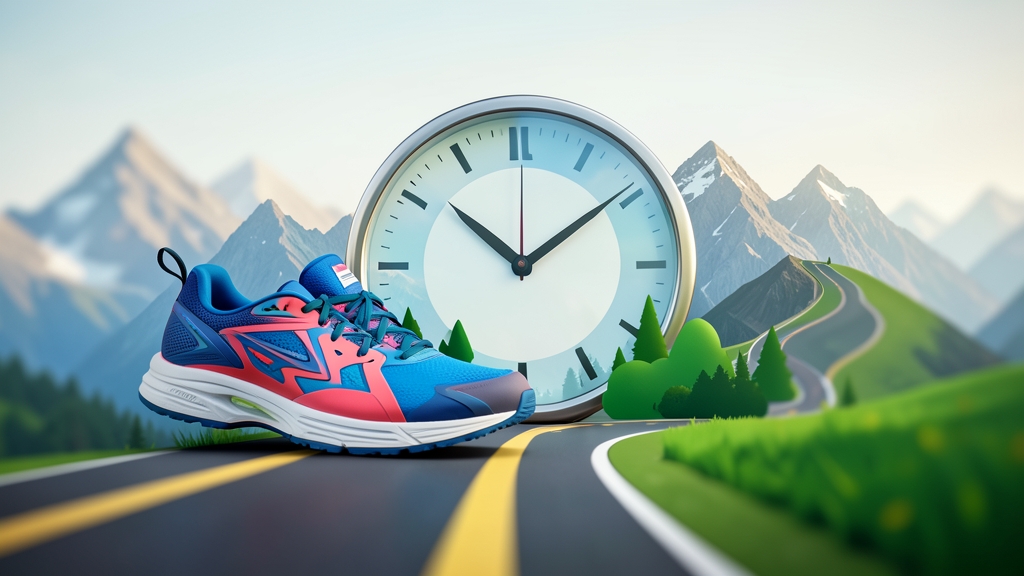 Symbolic representation of endurance training with running shoes and a clock.