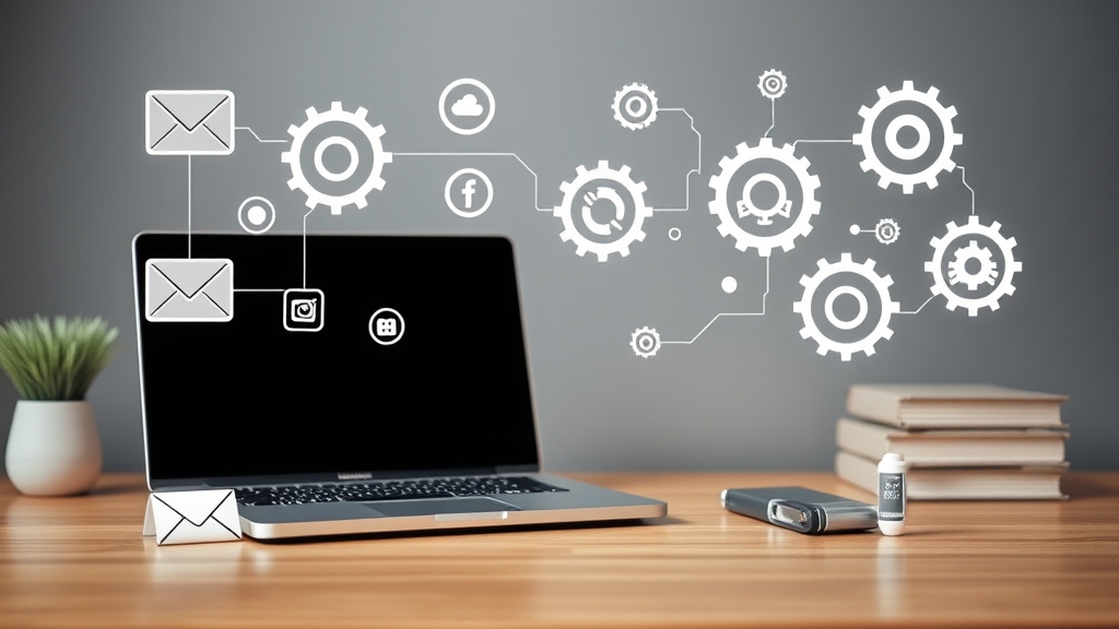 Abstrakte Darstellung von vernetzten digitalen Werkzeugen und Zahnrädern auf einem Schreibtisch, die Automatisierung symbolisieren.