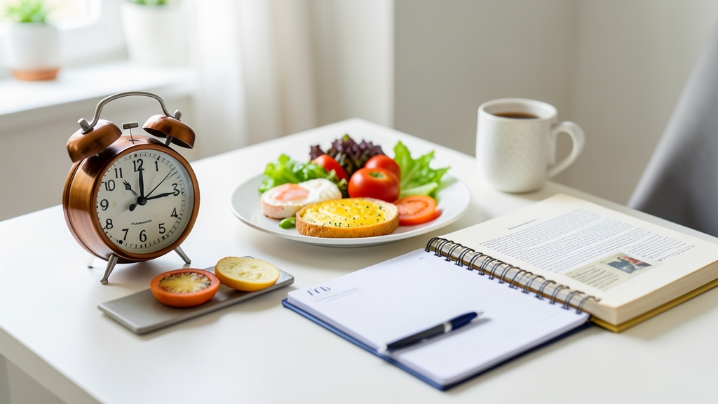 Symbolische Darstellung einer Morgenroutine mit einem Planer, gesundem Frühstück und einem Buch auf einem Schreibtisch.