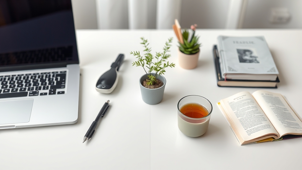 Ein Schreibtisch, der durch eine Linie in Arbeits- und Freizeitbereiche geteilt ist, mit Laptop und Notizbuch auf der einen Seite und einer Pflanze und einem Buch auf der anderen.