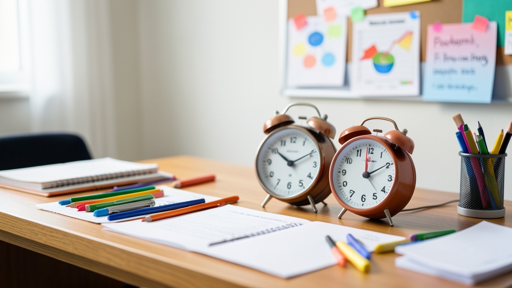 Symbolic representation of productivity tools on a desk against a blurred background.