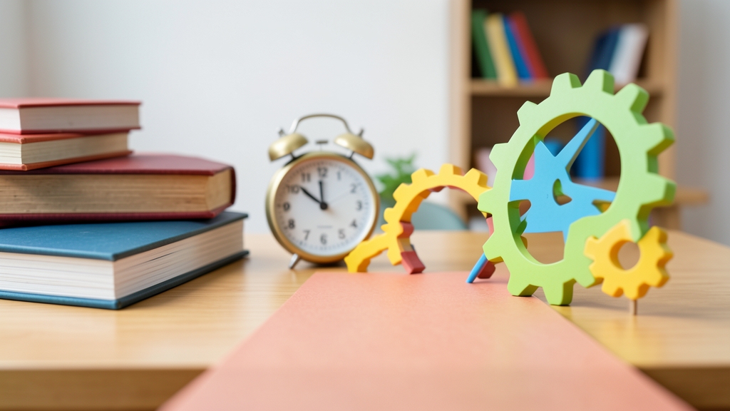 Symbolische Darstellung eines aufgeräumten Schreibtischs mit Büchern und einem Timer zur Überwindung von Prokrastination.