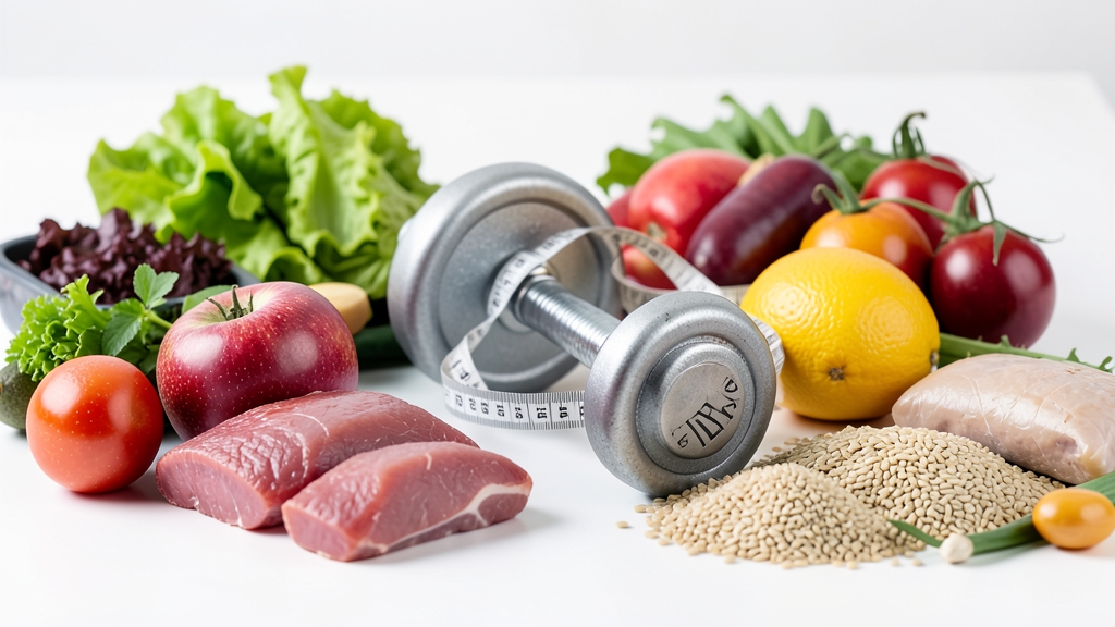 Eine Anordnung von gesunden Lebensmitteln und Fitnessgeräten, die Ernährung und Training symbolisiert.