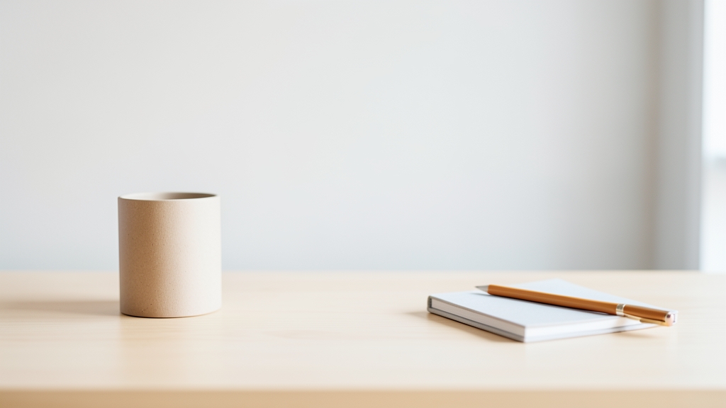 Symbolic representation of minimalism with a clear workspace and few meaningful objects.