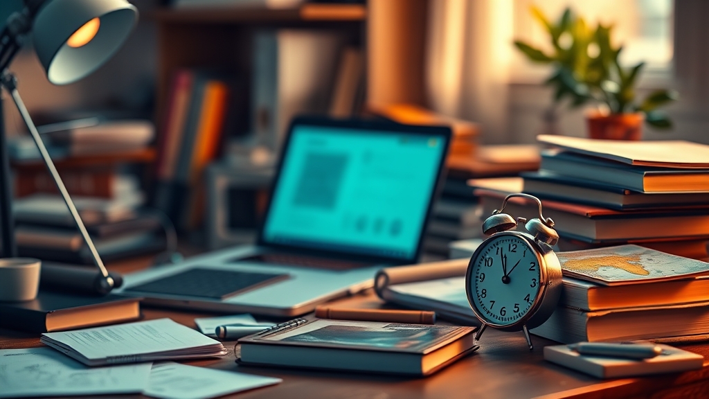 A cluttered desk with a laptop, books, and a timer symbolizing focus.