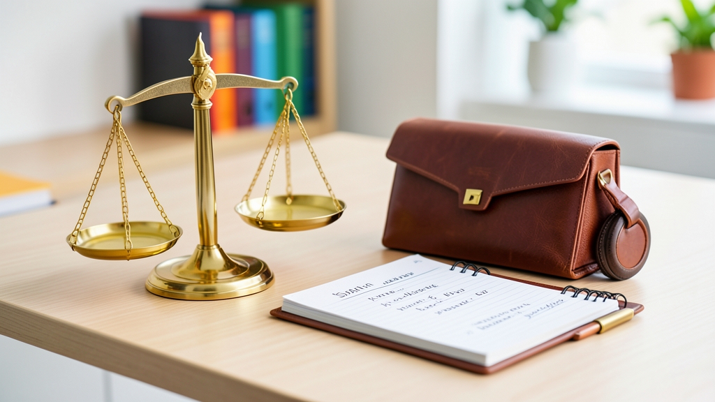 Symbolische Darstellung von Gehaltsverhandlungen mit einem Notizblock und einer Waage auf einem Schreibtisch