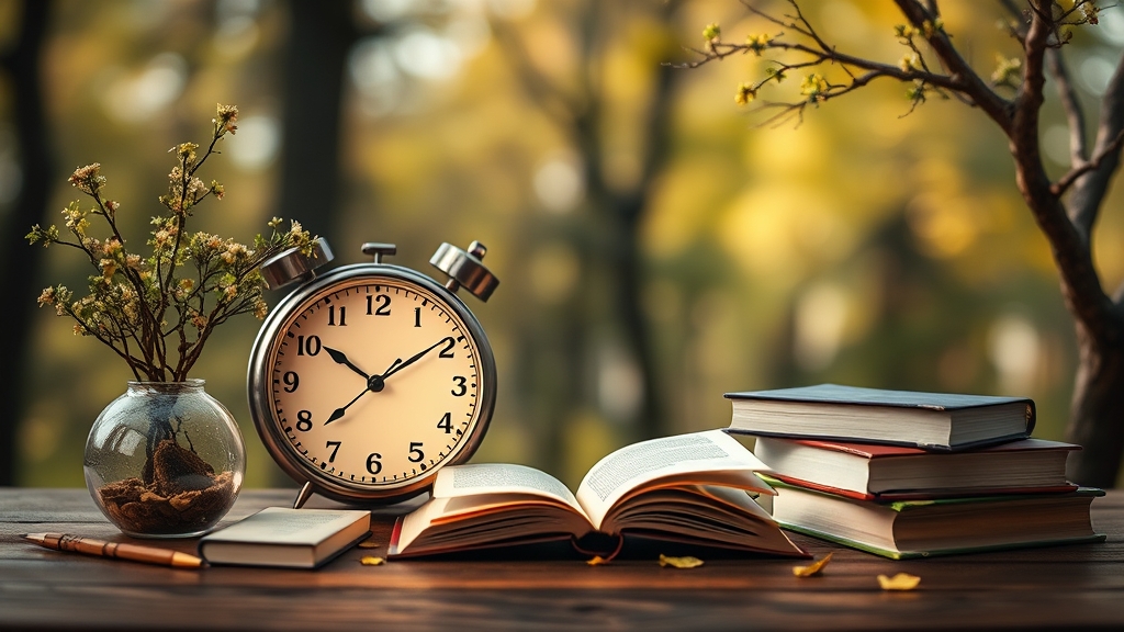 Bücher und eine Uhr auf einem Tisch mit Pflanzen, die digitale Detox symbolisieren.